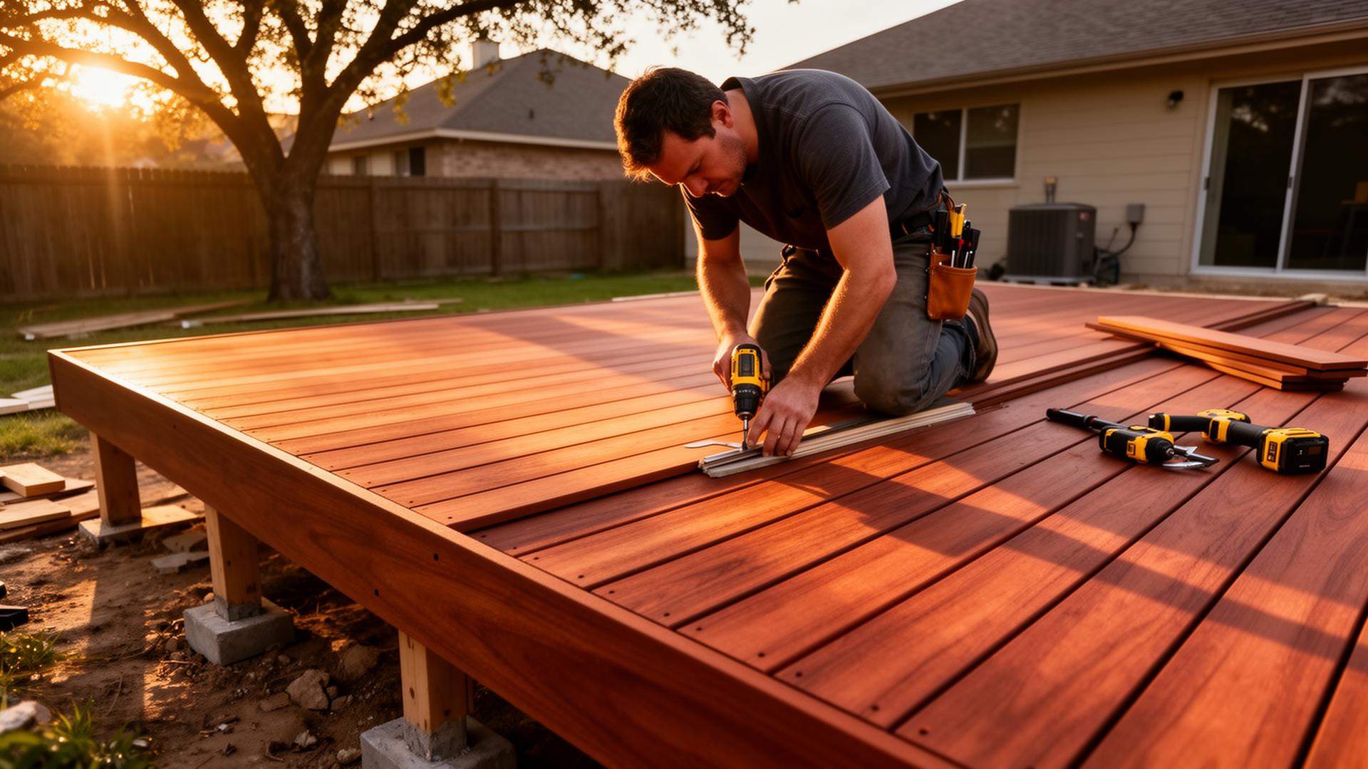 Professional deck builder installing a custom composite deck in Schertz, TX